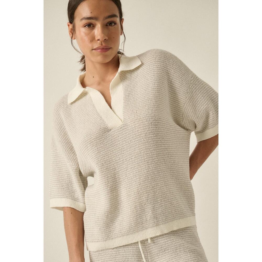 Promesa Days of Joy Striped Knit Polo Sweater Tan Cream Size M